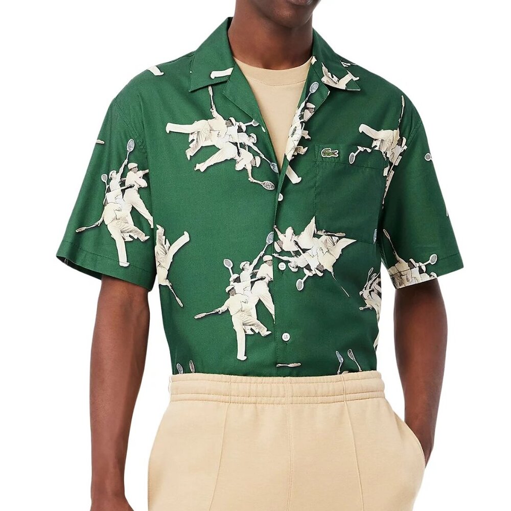 Lacoste Rene Retro Graphic Camp Shirt Green Mens Short Sleeve Button Up NWT 140